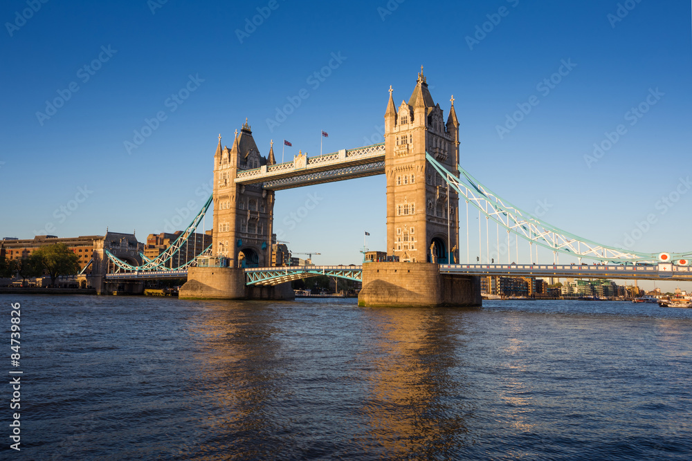 Tower Bridge at sunset with clear blue sky, London, UK