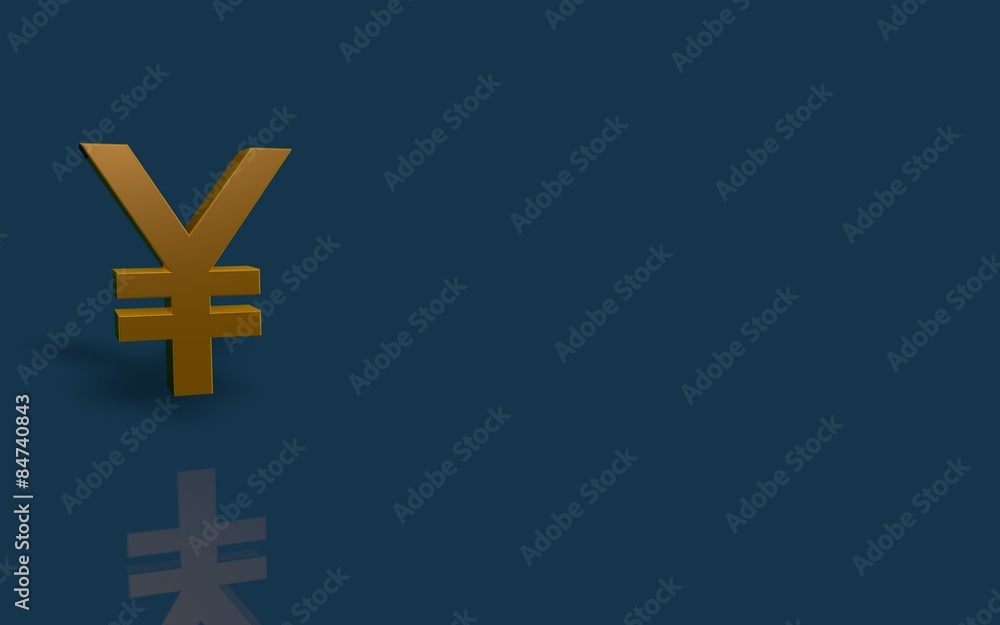 Gold Yen symbol on blue background with reflection. Gold Yen symbol on blue background with reflection.