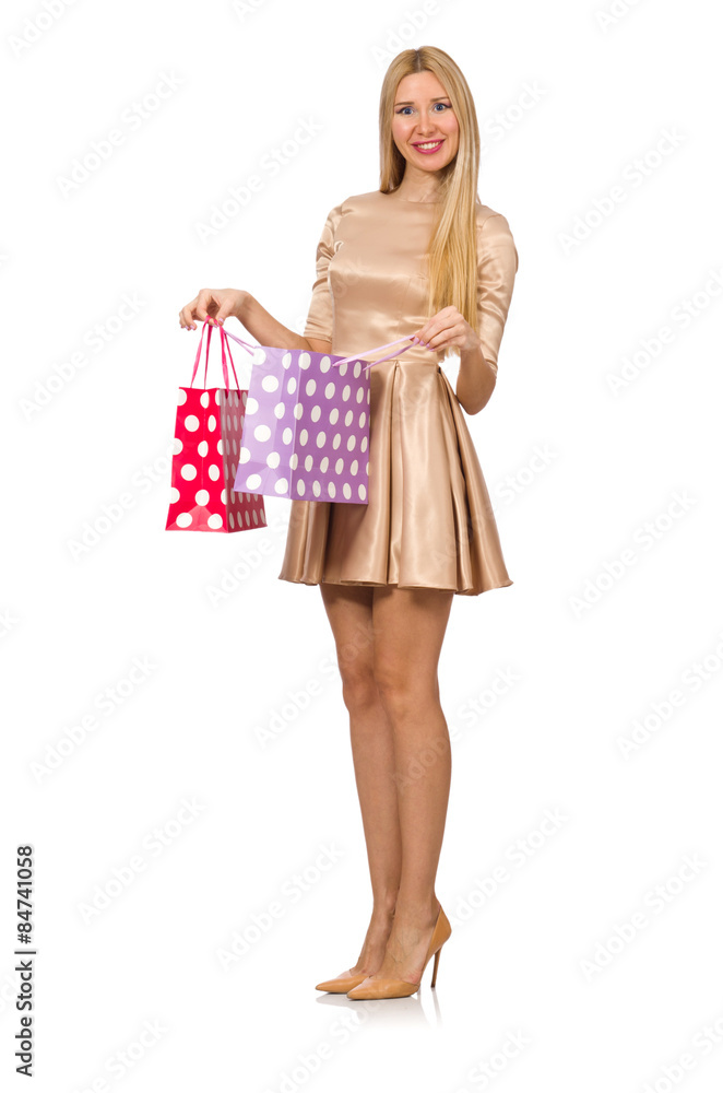 Woman many shopping bags after shopping isolated on white