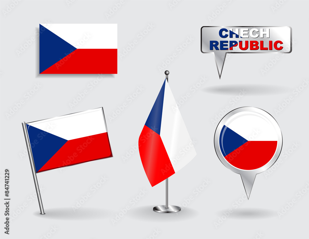 Set of Czech Republic pin, icon and map pointer flags. Vector