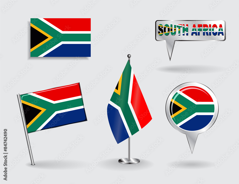 Set of South African pin, icon and map pointer flags. Vector
