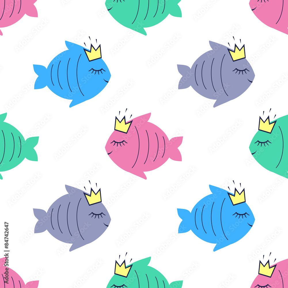 Seamless pattern with smiling sleeping fish for kids holidays. Cute