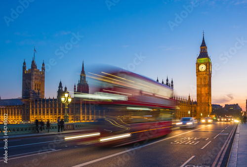 Canvas Print Iconic Double Decker bus with Big Ben and Parliament at blue hour, London, UK