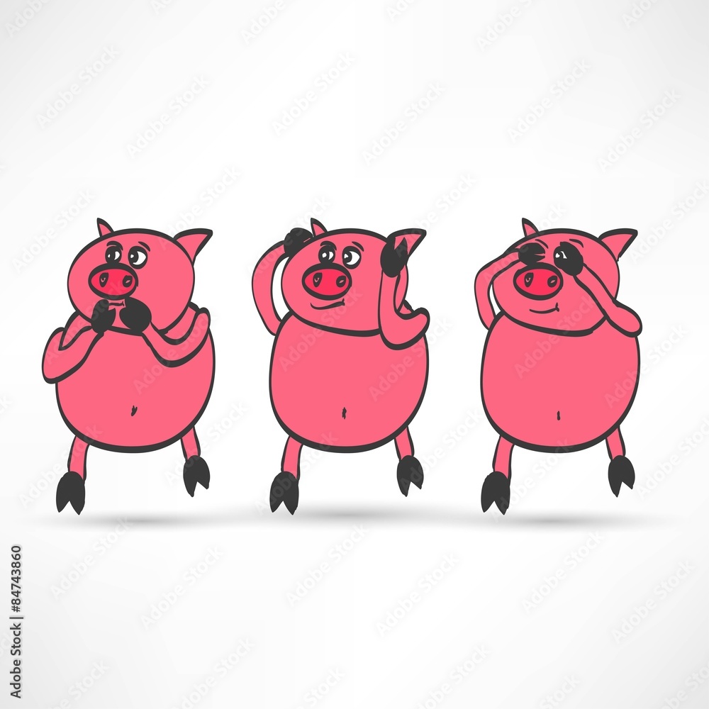 Fototapeta premium illustration of cartoon Three pigs - see, hear, speak no evil