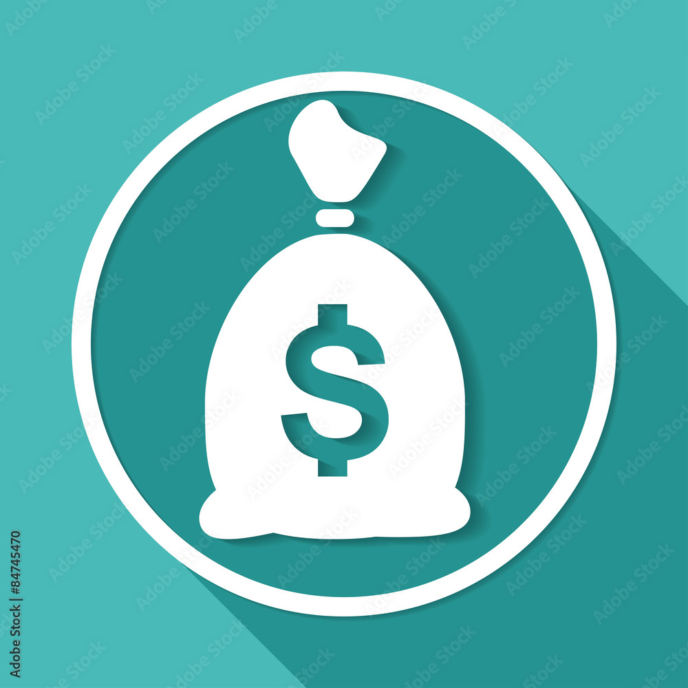Icon Money bag on white circle with a long shadow Icon Money bag on white circle with a long shadow