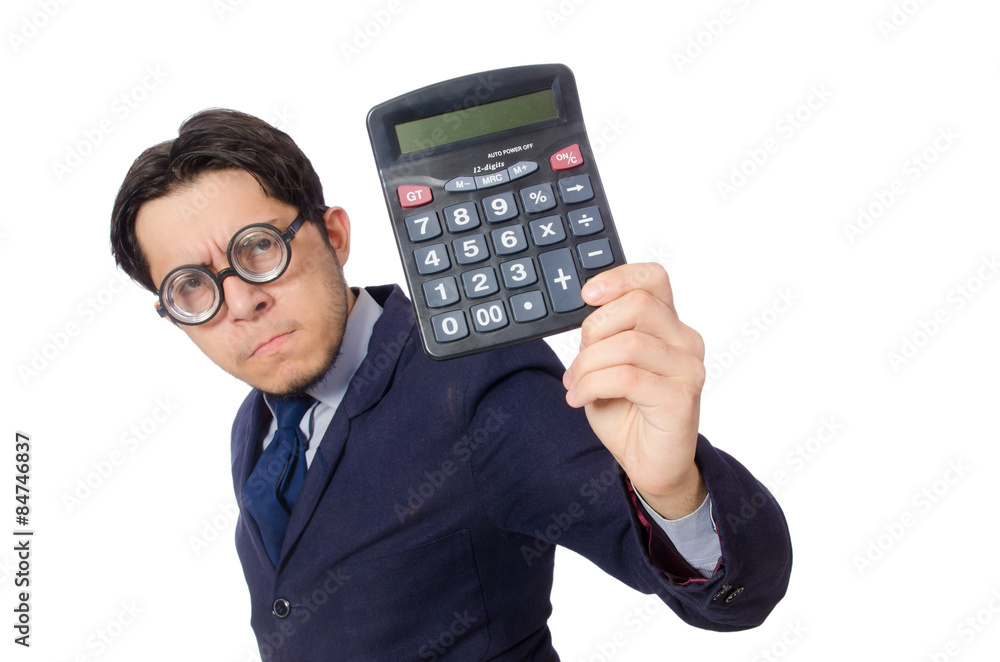 Funny man with calculator isolated on white Funny man with calculator isolated on white