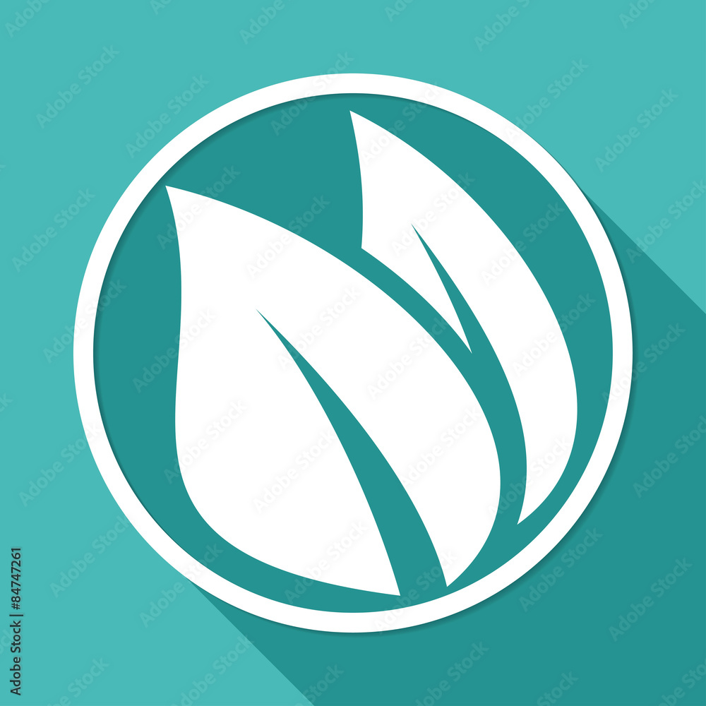 Icon leaf on white circle with a long shadow Icon leaf on white circle with a long shadow