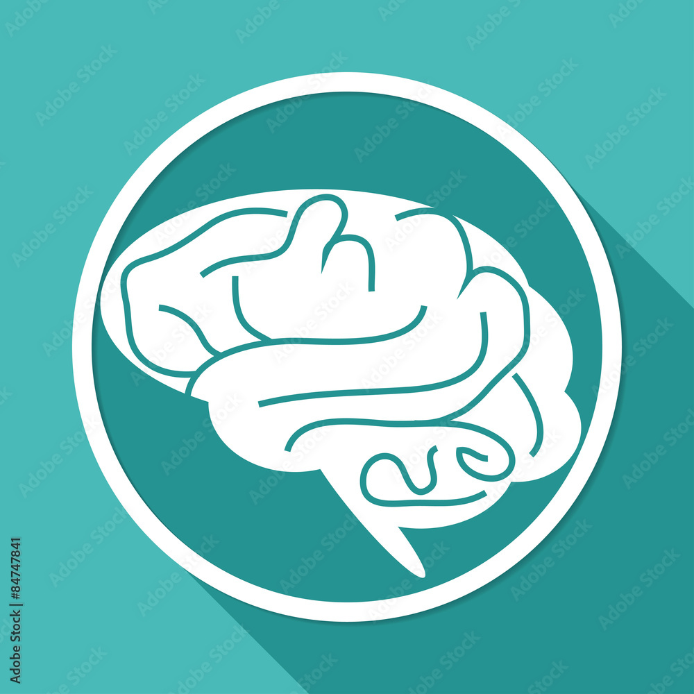 Icon brain on white circle with a long shadow Icon brain on white circle with a long shadow