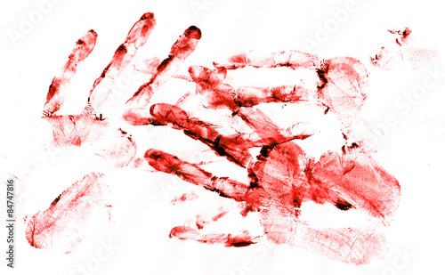 Bloody handprints on white paper