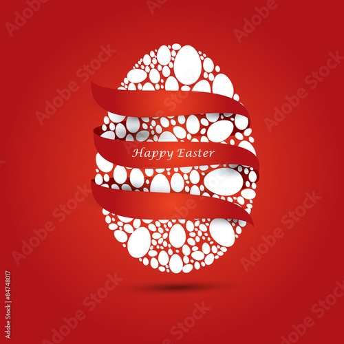 Happy Easter. White Easter eggs wrapped in red ribbon. Red backg