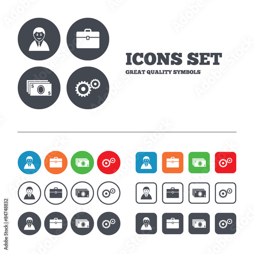 Businessman signs. Human and cash money icons.