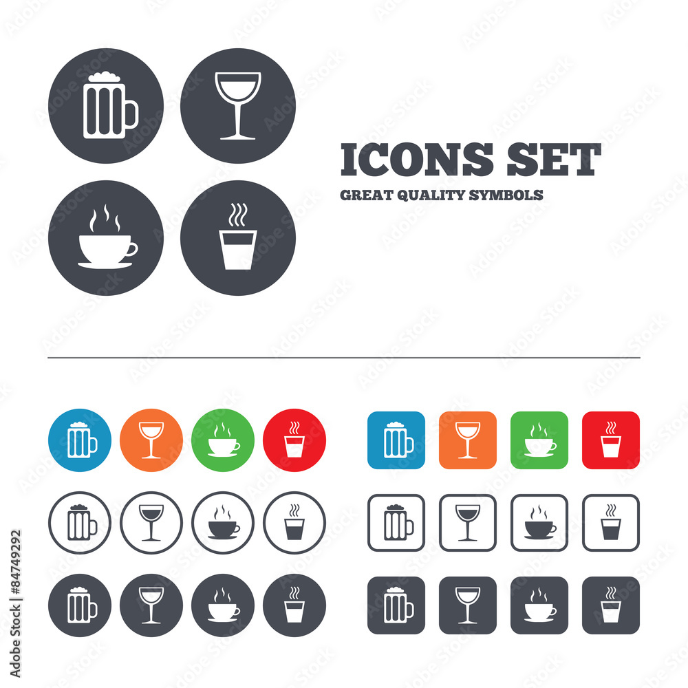 Drinks signs. Coffee cup, glass of beer icons. Drinks signs. Coffee cup, glass of beer icons.
