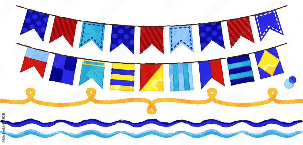 Vector Watercolor Style Nautical Rope, Waves and Bunting Flags