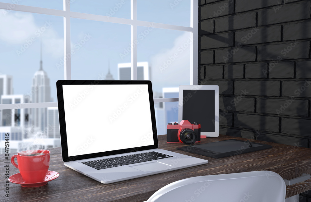 Fototapeta premium 3D illustration laptopand work stuff on table near brick wall