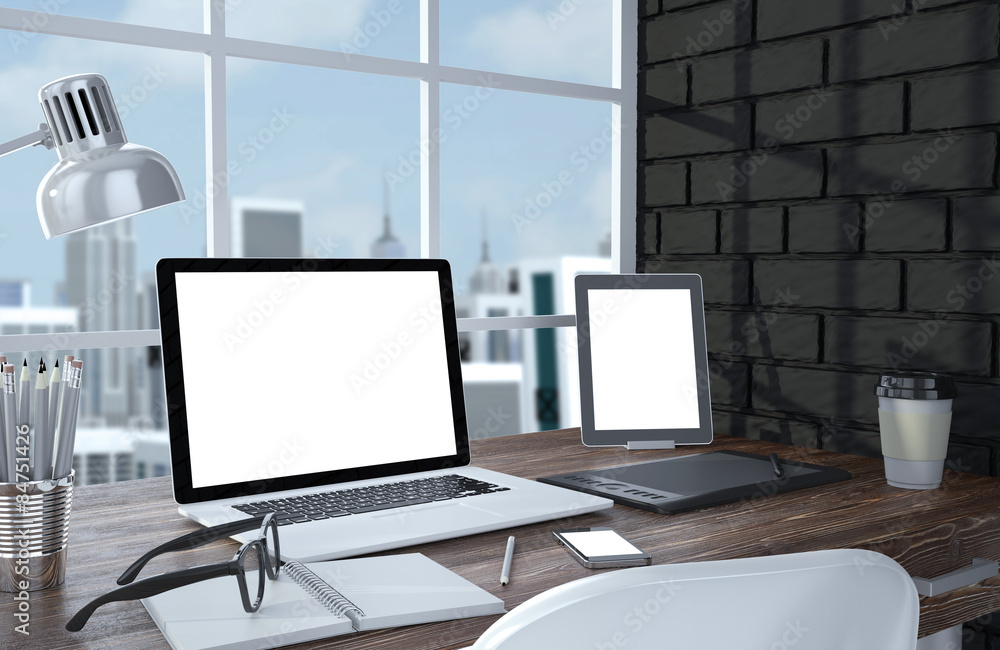3D illustration laptopand work stuff on table near brick wall 3D illustration laptopand work stuff on table near brick wall