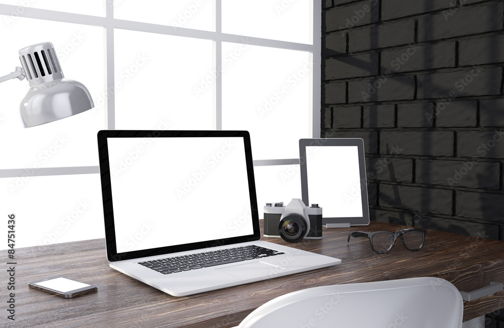 3D illustration laptopand work stuff on table near brick wall 3D illustration laptopand work stuff on table near brick wall