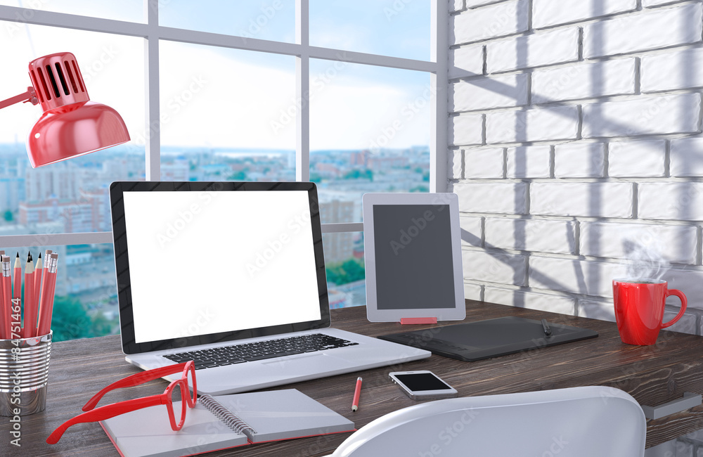 3D illustration laptopand work stuff on table near brick wall 3D illustration laptopand work stuff on table near brick wall