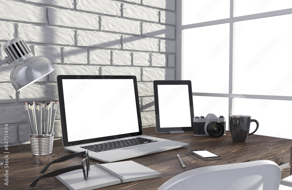 3D illustration laptopand work stuff on table near brick wall 3D illustration laptopand work stuff on table near brick wall