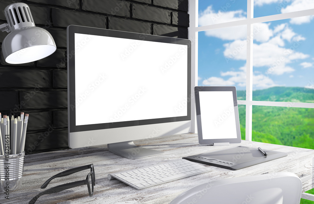 Fototapeta premium 3D illustration PC screen on table in office, Workspace
