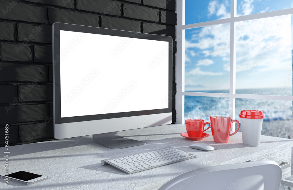 Fototapeta premium 3D illustration PC screen on table in office, Workspace