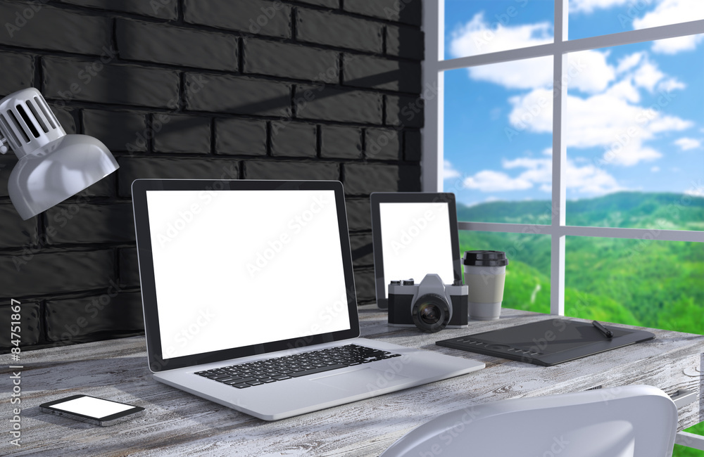 Fototapeta premium 3D illustration laptopand work stuff on table near brick wall