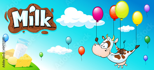 funny design with cow, colorful balloon and milk products - horizontal banner