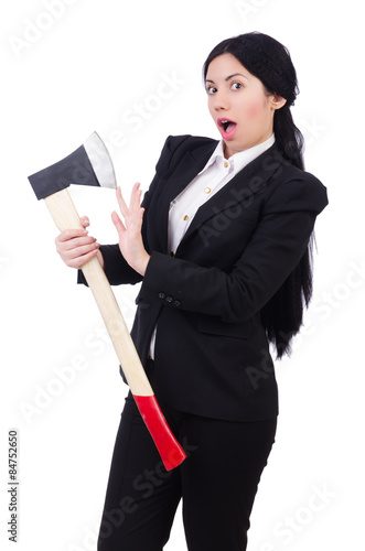 Businesswoman with axe isolated on white