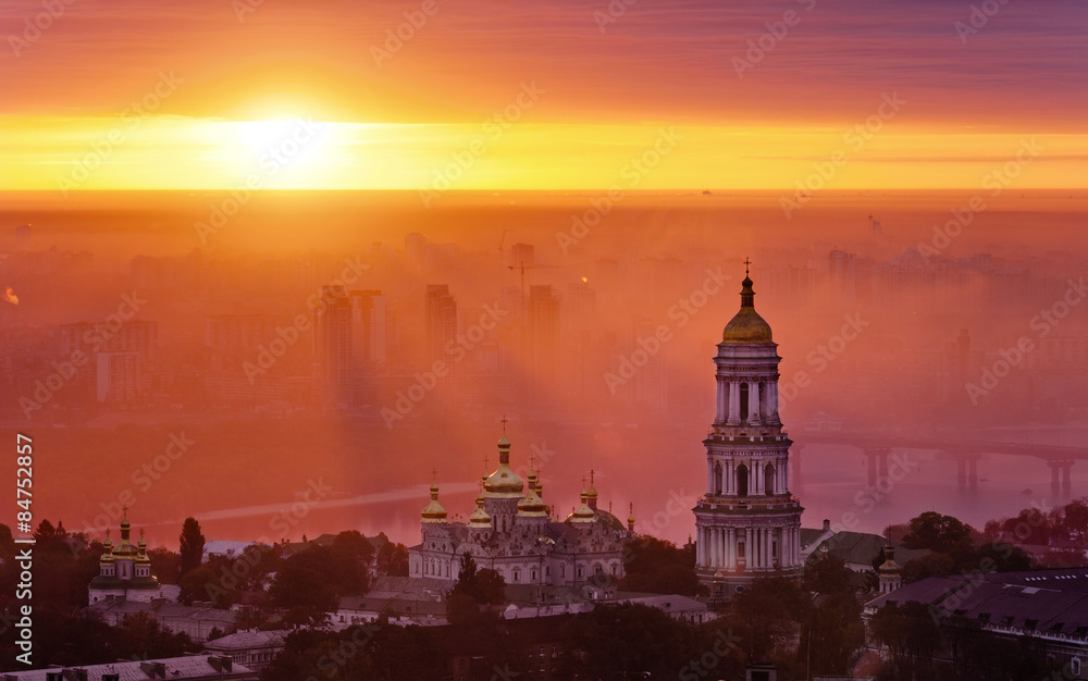 Aerial view at sunrise of the Kiev-Pechersk Lavra - one of the main symbol of Kiev, Ukraine