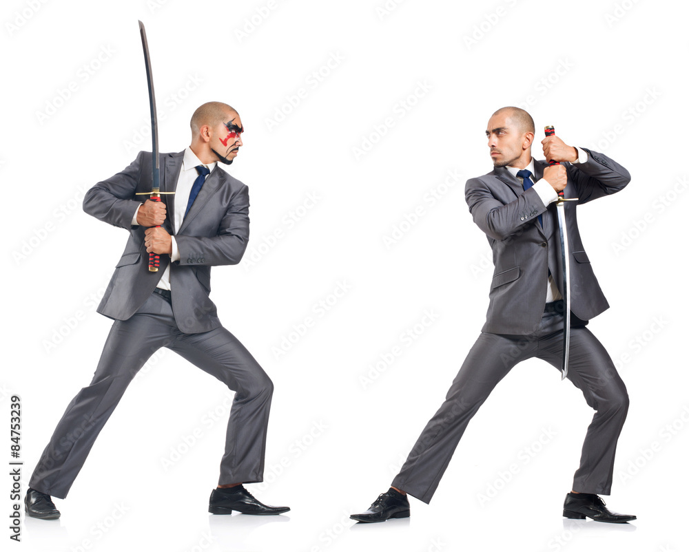 Two men figthing with the sword isolated on white Two men figthing with the sword isolated on white