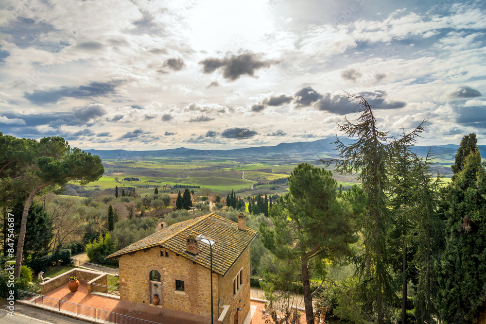 panoramic view of Val d’Orcia from Pienza, Italy