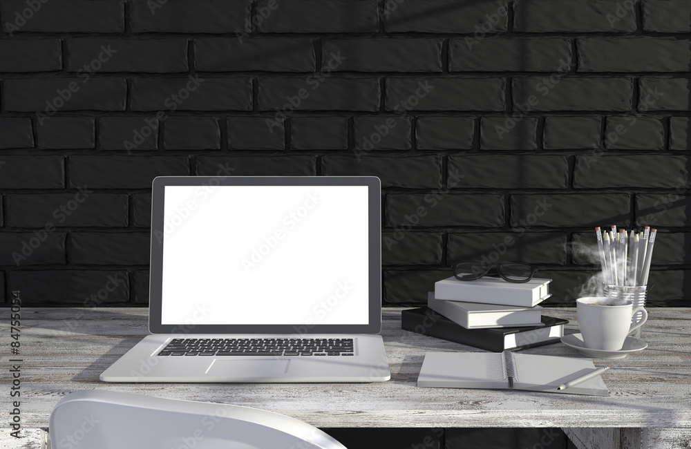 Fototapeta premium 3D illustration laptopand work stuff on table near brick wall