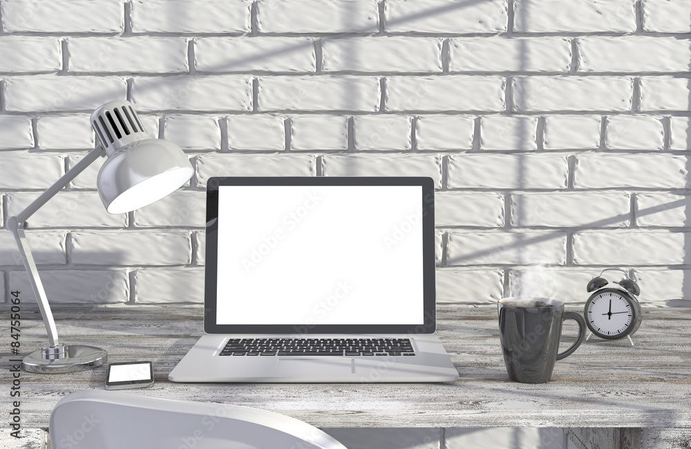 Fototapeta premium 3D illustration laptopand work stuff on table near brick wall