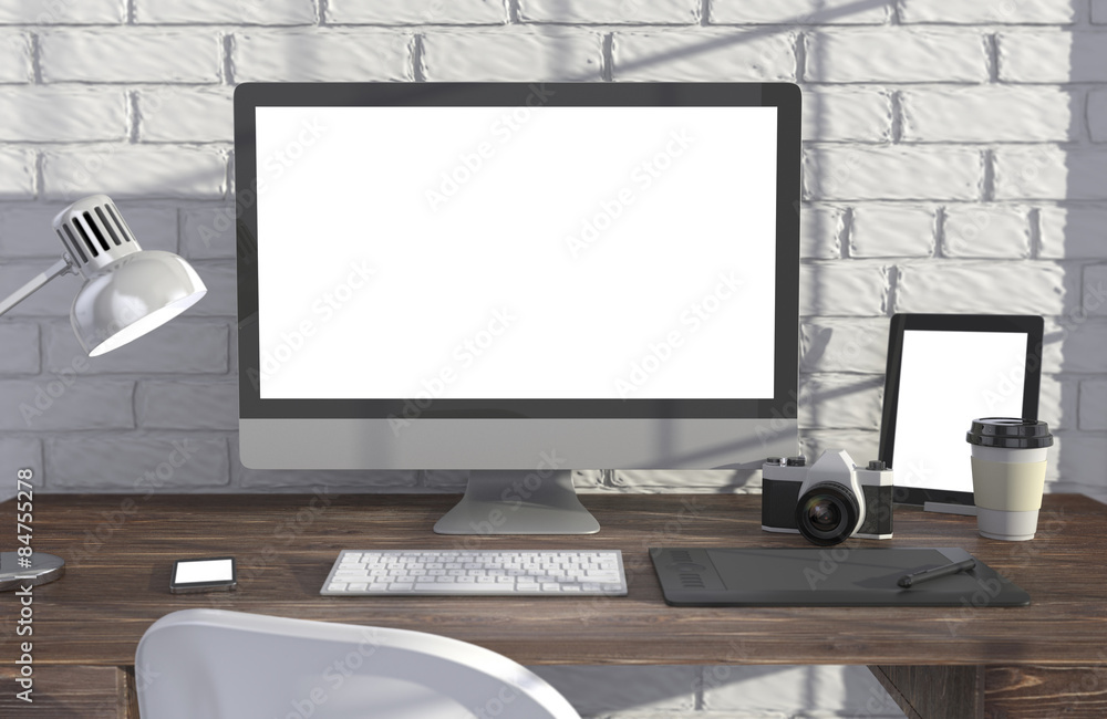 3D illustration PC screen on table in office, Workspace 3D illustration PC screen on table in office, Workspace