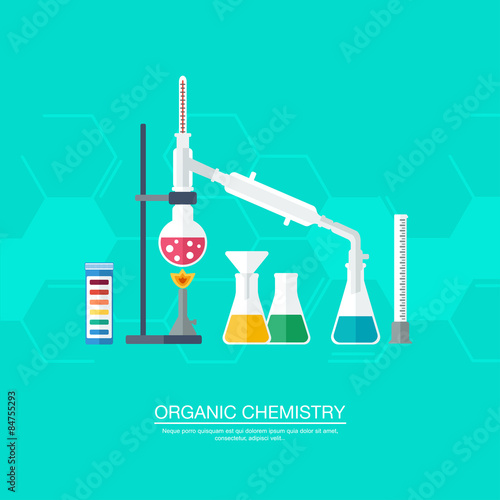 Chemical concept. Organic chemistry. Synthesis of substances. Border of benzene rings. Flat design. vector