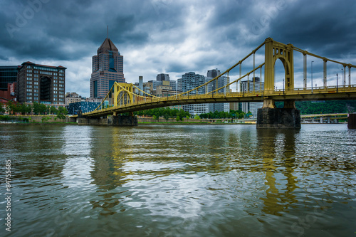 The skyline and Roberto Clemente Bridge  seen from Allegheny Lan