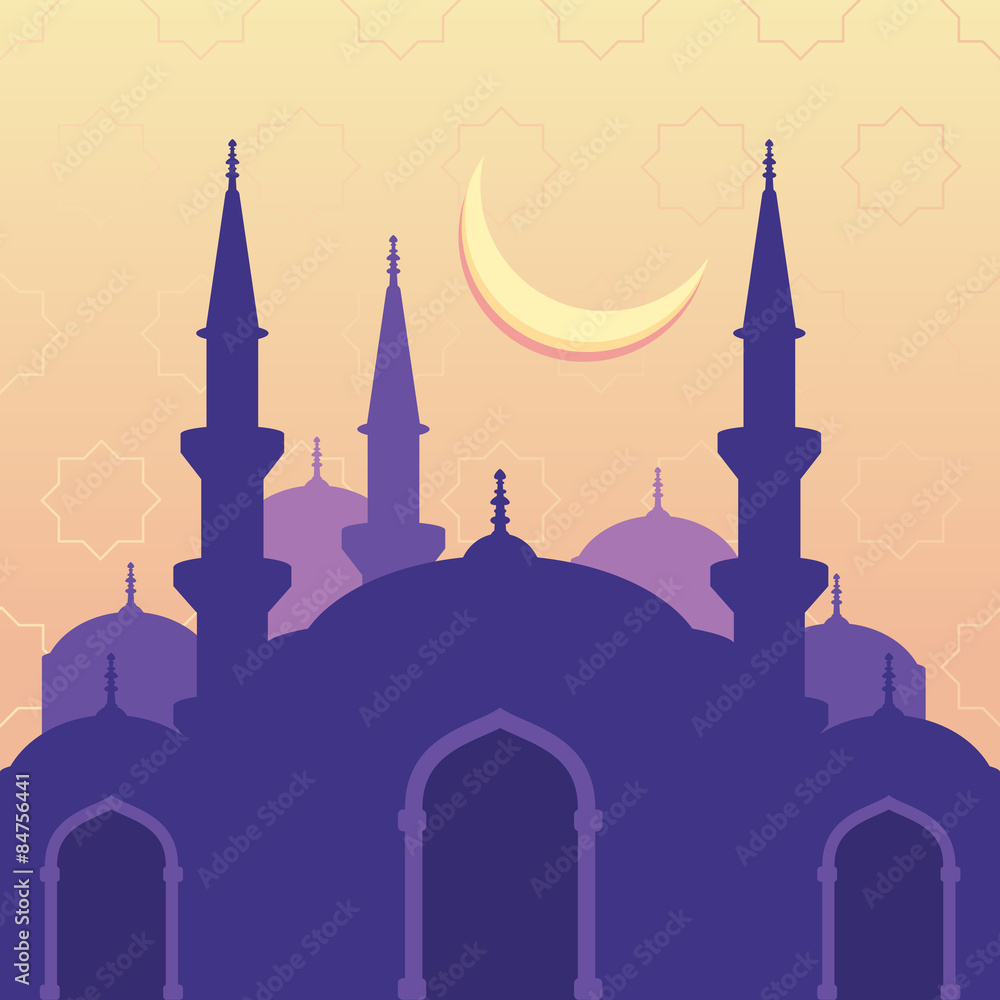 Vector seamless background with silhouette of mosque moon and st