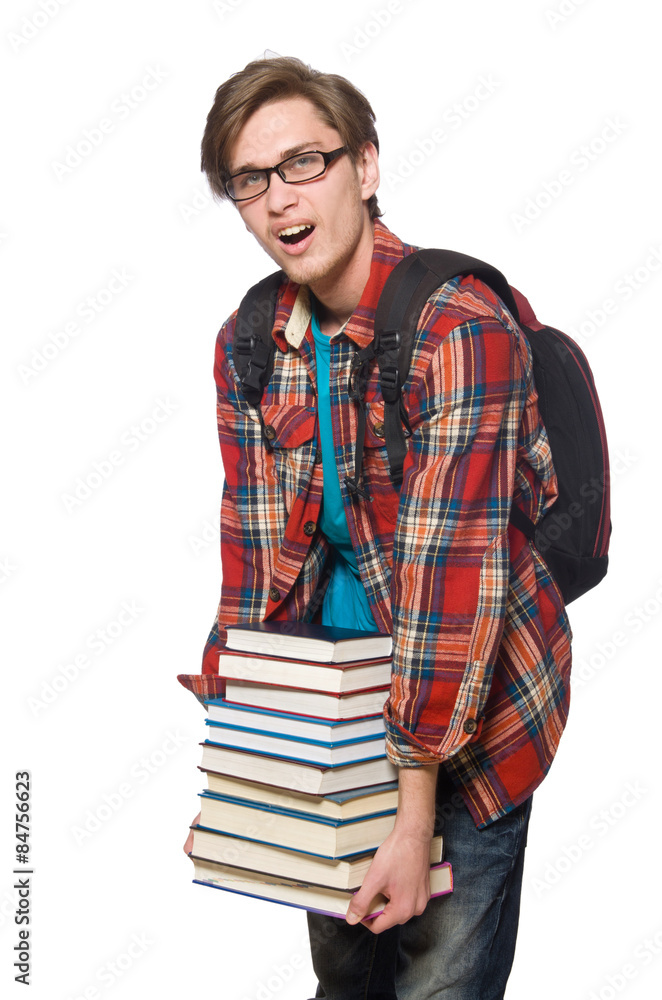 Funny student with books isolated on white Funny student with books isolated on white