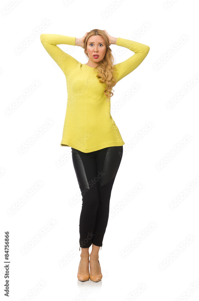 Pretty young woman in yellow blouse isolated on white Pretty young woman in yellow blouse isolated on white