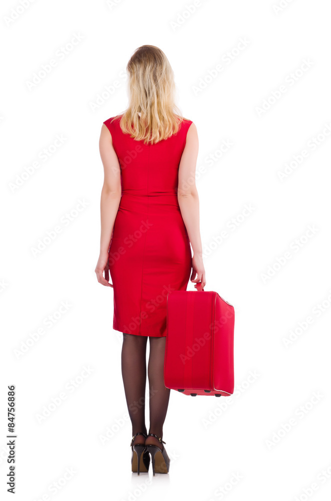Red dress woman holding trunk isolated on white Red dress woman holding trunk isolated on white
