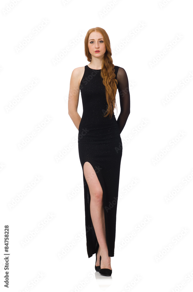 Young lady in elegant black dress isolated on white