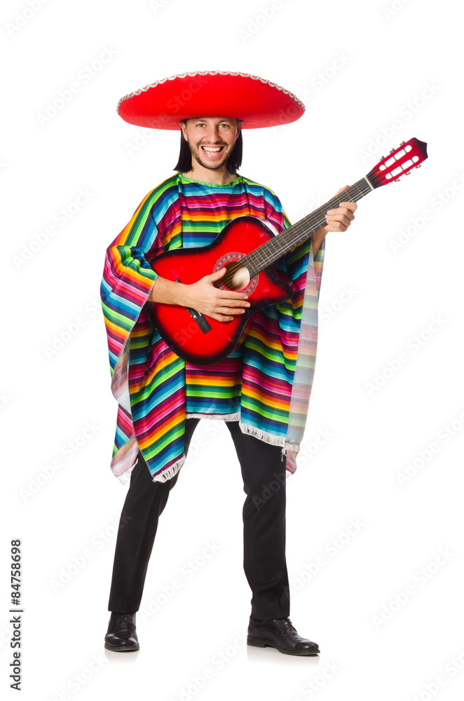 Mexican in vivid poncho holding guitar isolated on white Mexican in vivid poncho holding guitar isolated on white