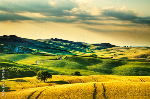 Tuscany spring, rolling hills on sunset. Volterra rural landscap