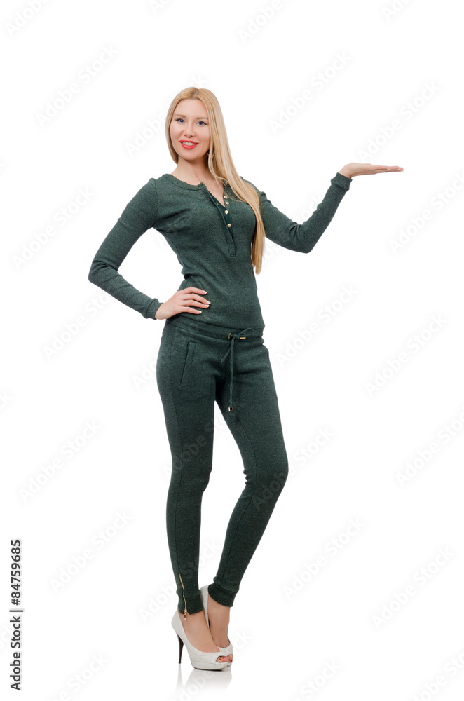 Pretty woman in green clothing isolated on white