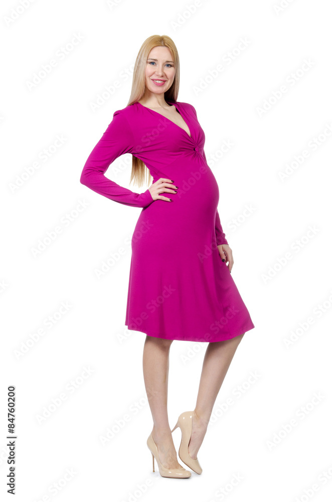 Pretty pregnant woman in pink dress isolated on white Pretty pregnant woman in pink dress isolated on white