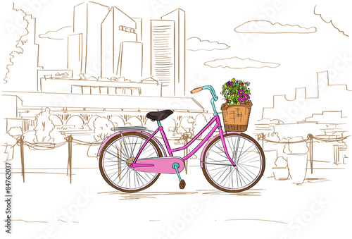 Pink Retro Bicycle with Flowers over City Sketch Vector 