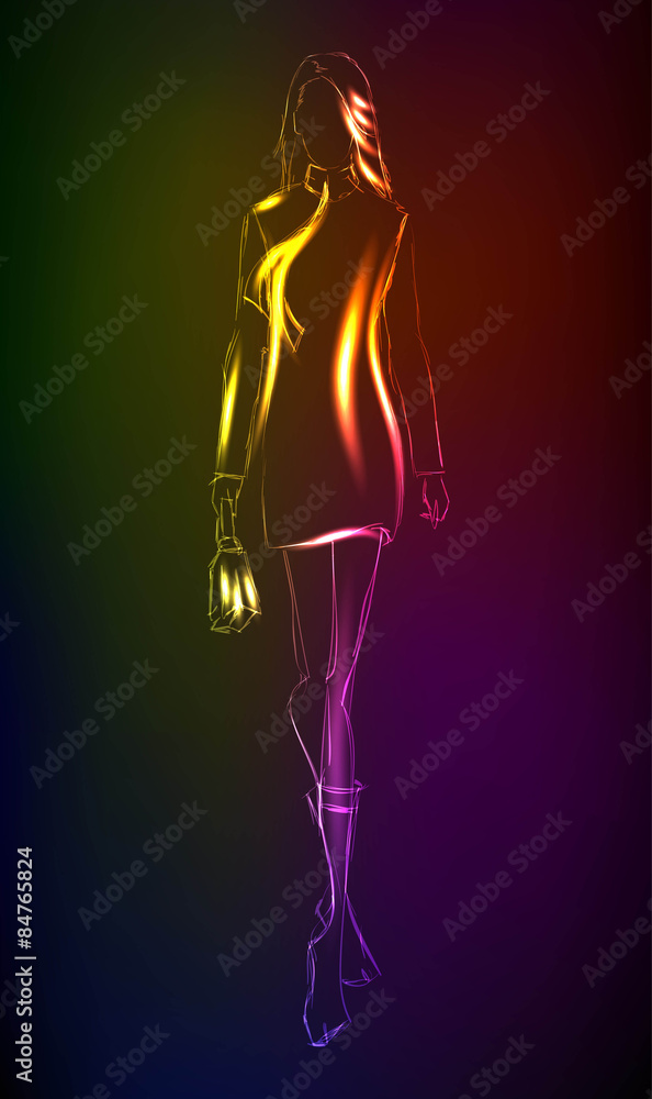 Hand-drawn fashion model from a neon. A light girl's Hand-drawn fashion model from a neon. A light girl's