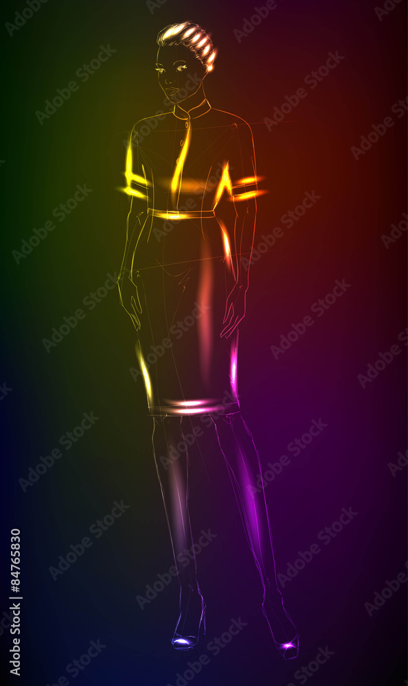 Hand-drawn fashion model from a neon. A light girl's Hand-drawn fashion model from a neon. A light girl's