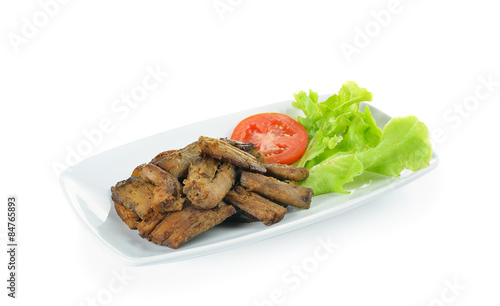 fried shitake stem ,vegetarian food on white background
