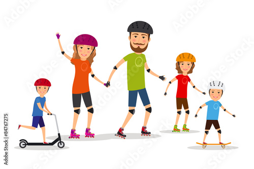 Sports family. Mom, dad and kids roller skate