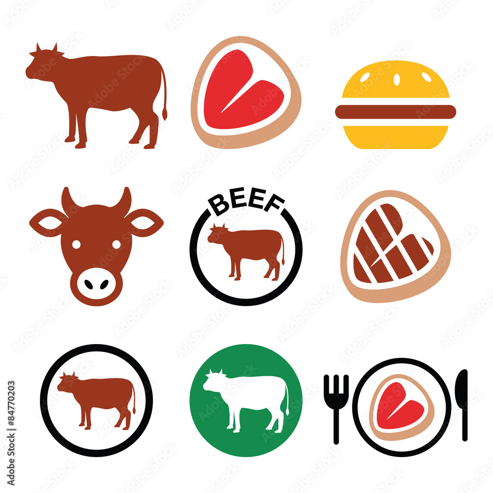 Beef meat, cow vector icon set 